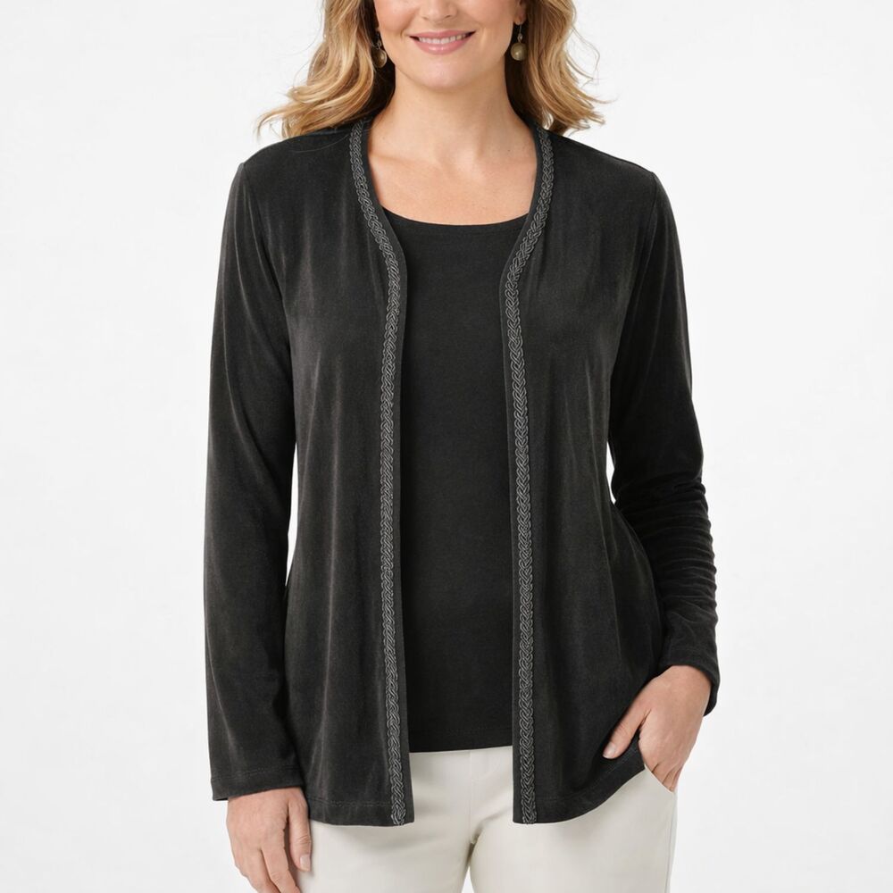 Chico’s Travelers Black Open Front Cardigan Jacket Size 1 M Braided Trim Stretch